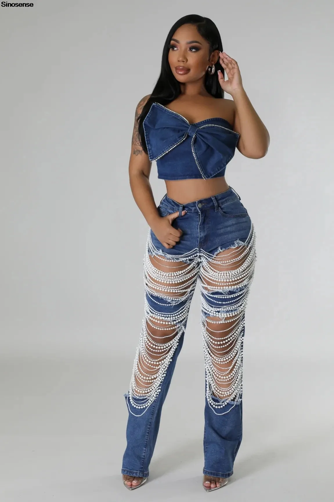 Ripped Denim Pants, Pearl Rhinestones Chain Distressed Skinny Jeans for Women