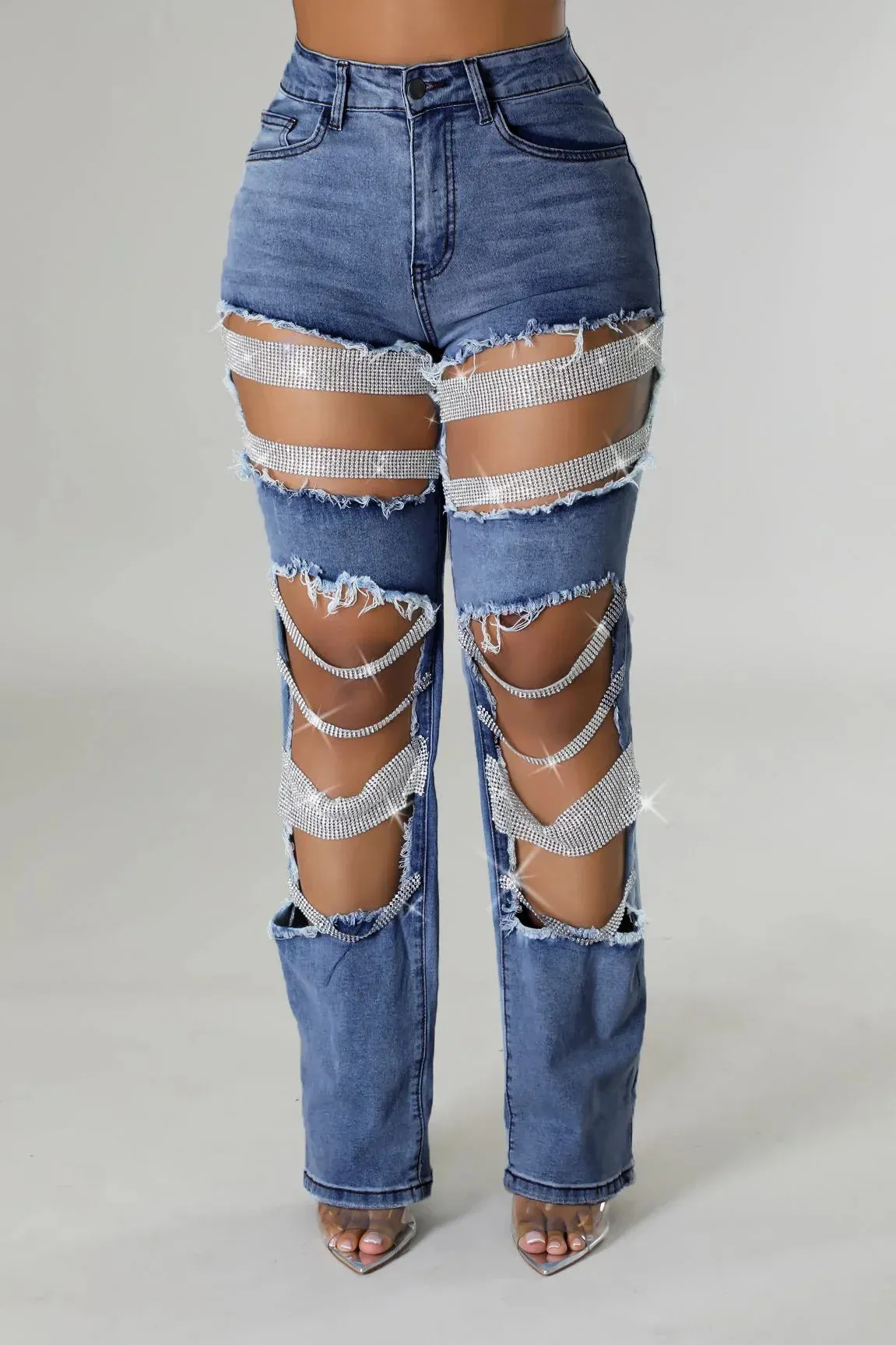 Ripped Denim Pants, Pearl Rhinestones Chain Distressed Skinny Jeans for Women