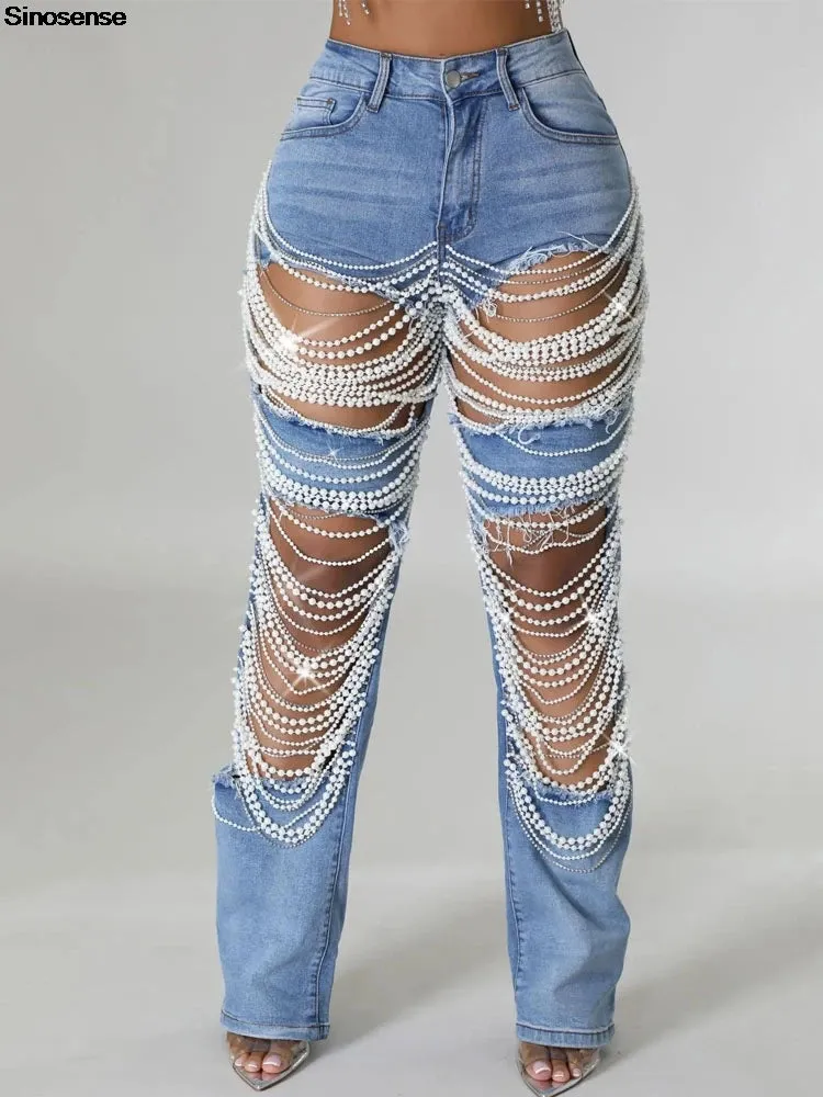 Ripped Denim Pants, Pearl Rhinestones Chain Distressed Skinny Jeans for Women