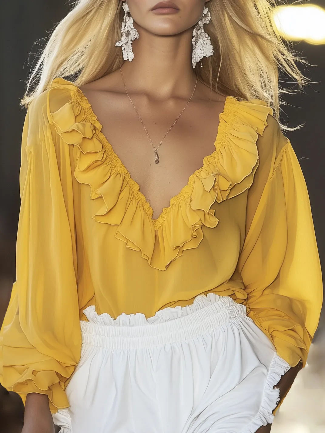 Romantic and Vibrant Ruffle Neck Yellow Chiffon Long Sleeve Shirt