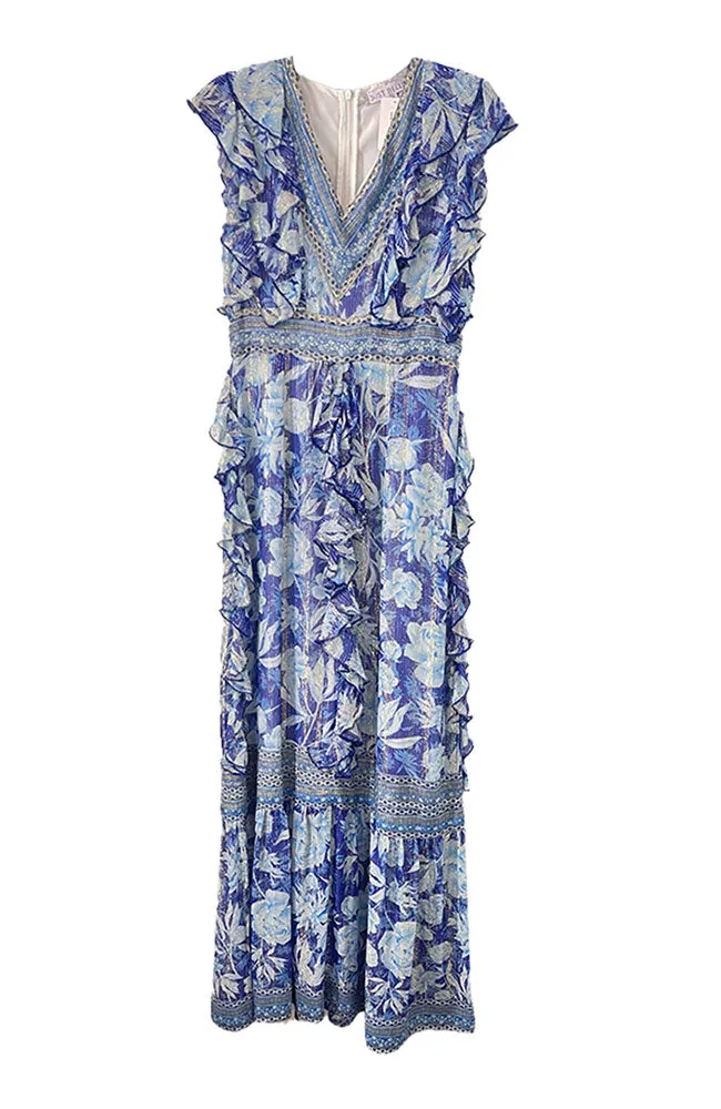 Ruffle Metallic Vneck Dress