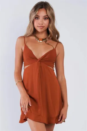Rust Colored Cut Out Cami Strap Ruffle Hem Mini Dress