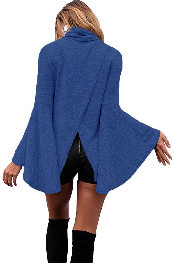 Sexy Blue Flared Bell Sleeve Knit Blouse
