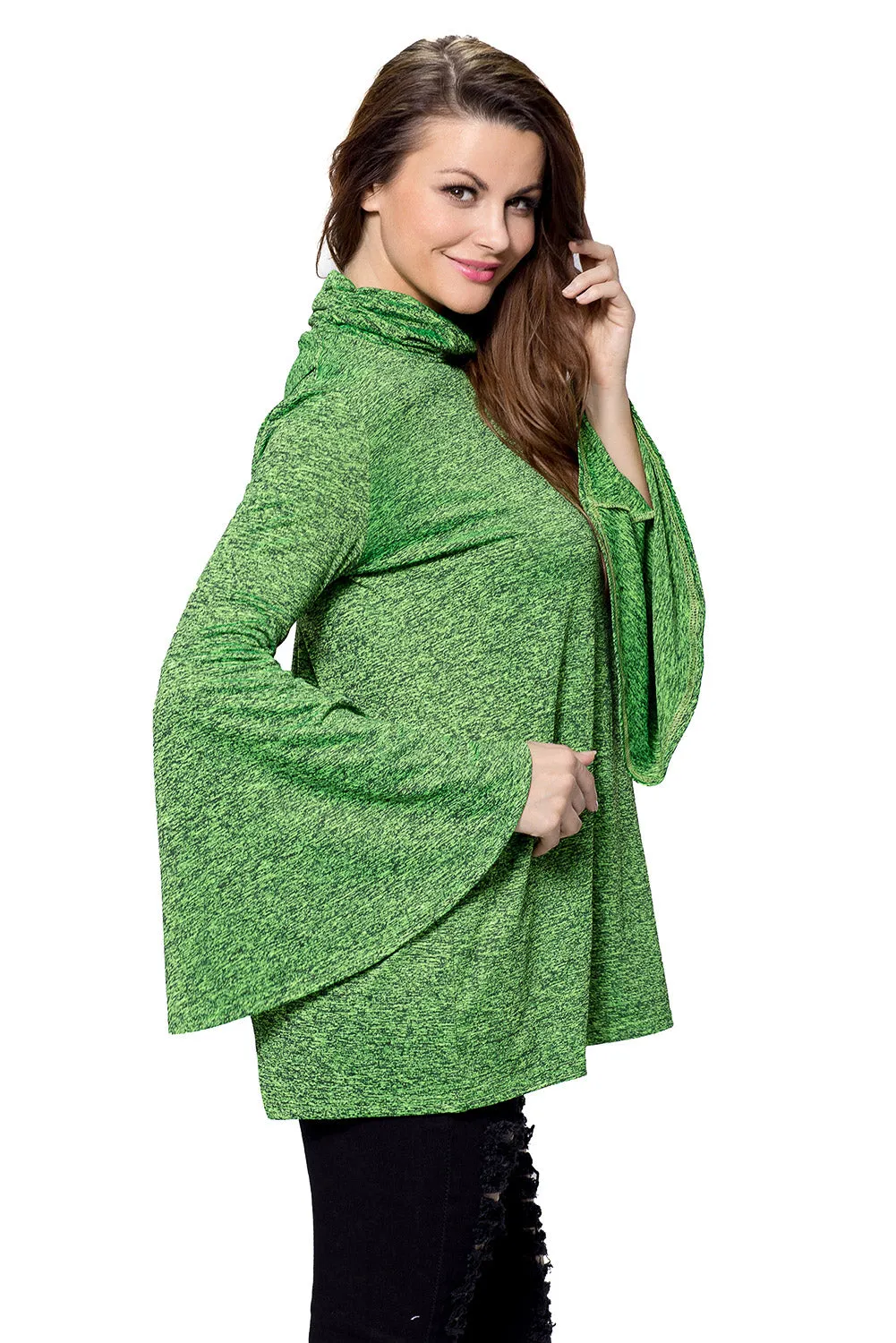 Sexy Green Flared Bell Sleeve Knit Blouse
