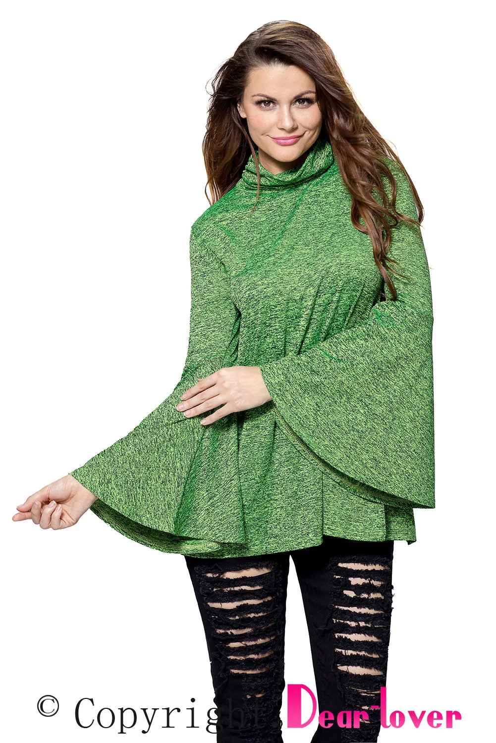 Sexy Green Flared Bell Sleeve Knit Blouse