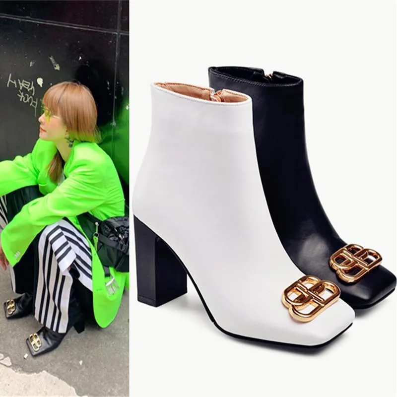 Sexy Leather Square Toe Chunky Heel Boots