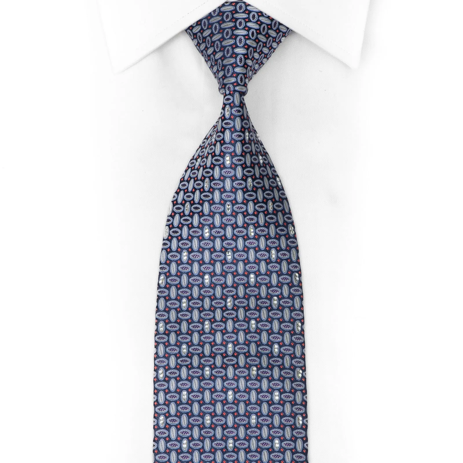 Silver Geometric On Blue Rhinestone Silk Necktie With Purple Sparkles