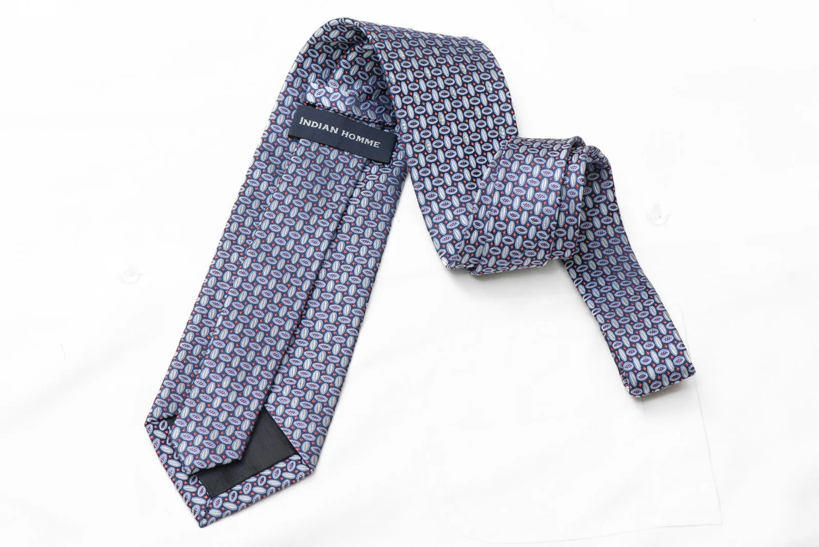 Silver Geometric On Blue Rhinestone Silk Necktie With Purple Sparkles