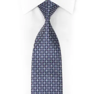 Silver Geometric On Blue Rhinestone Silk Necktie With Purple Sparkles