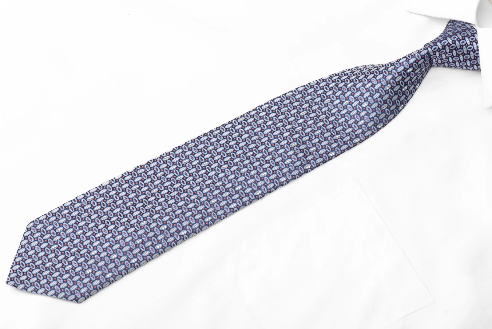 Silver Geometric On Blue Rhinestone Silk Necktie With Purple Sparkles