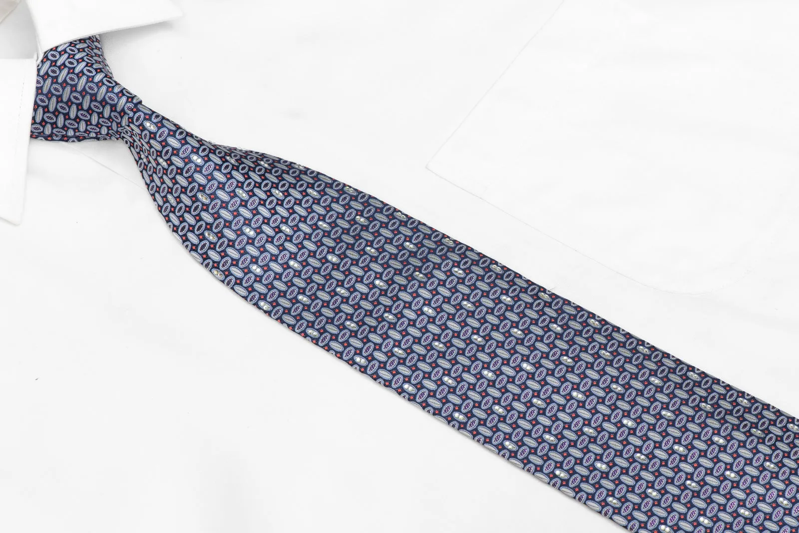 Silver Geometric On Blue Rhinestone Silk Necktie With Purple Sparkles