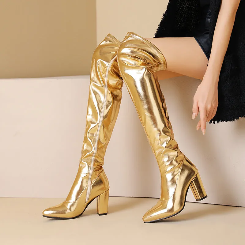 Silver/gold metallic chunky heels thigh boots