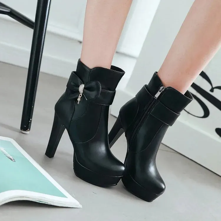 Sohiwoo High heel children sweet bow thick heel boots students  vintage round head plus cashmere keep warm women shoes cute bowknot