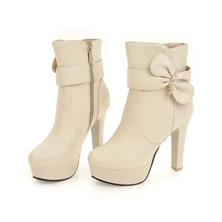 Sohiwoo High heel children sweet bow thick heel boots students  vintage round head plus cashmere keep warm women shoes cute bowknot