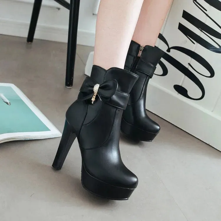 Sohiwoo High heel children sweet bow thick heel boots students  vintage round head plus cashmere keep warm women shoes cute bowknot