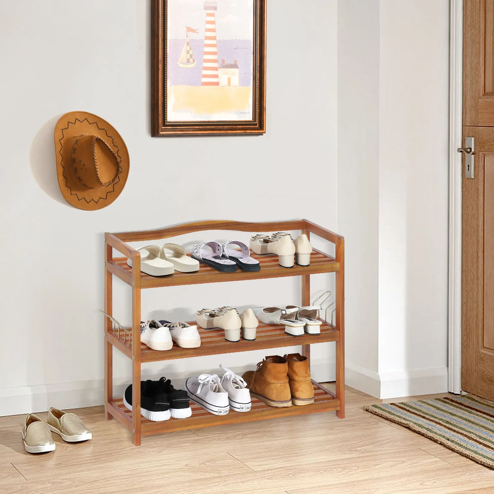 Solid Acacia Wood Shoe Rack Shelf with Side Metal Hooks-3-Tier