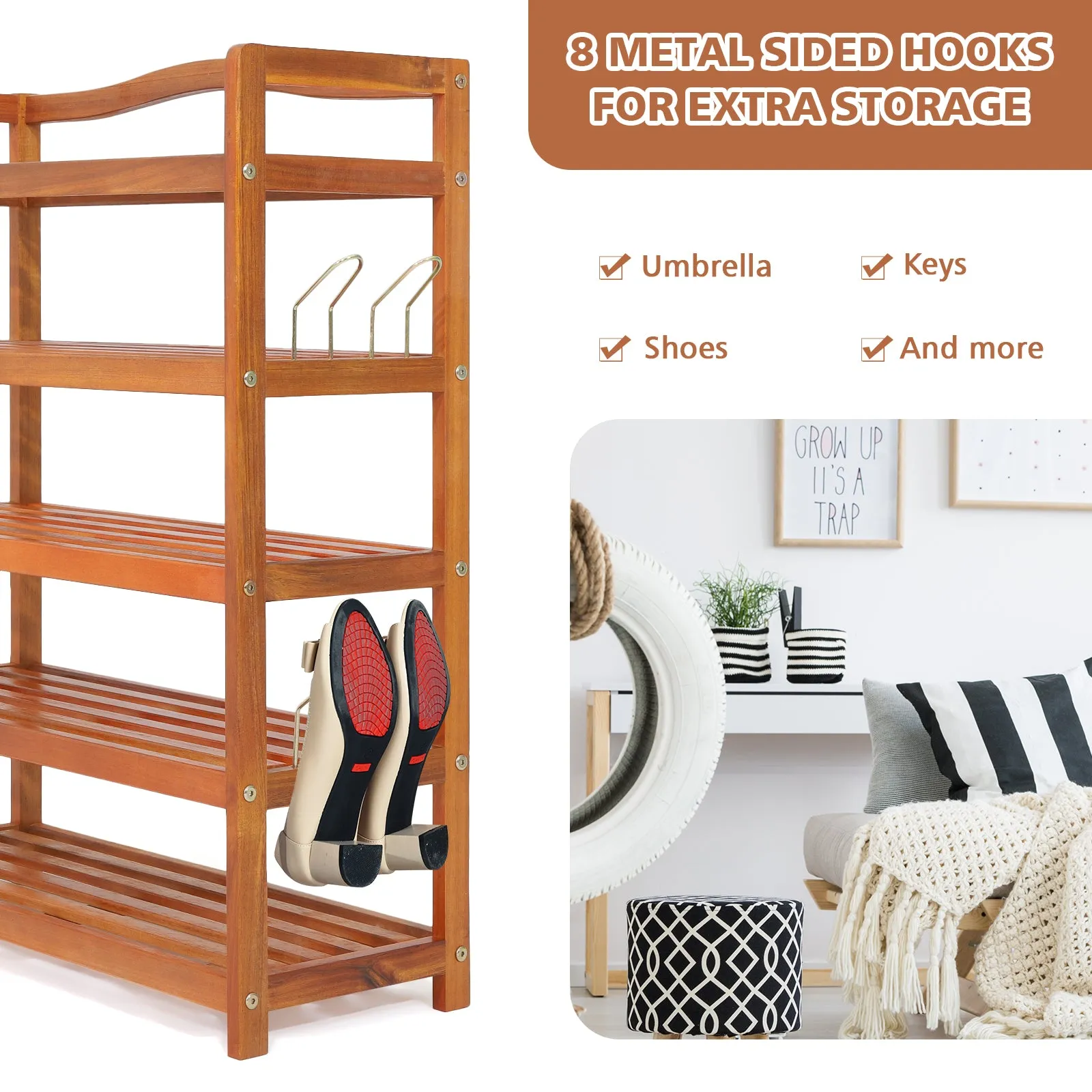 Solid Acacia Wood Shoe Rack Shelf with Side Metal Hooks-5-Tier