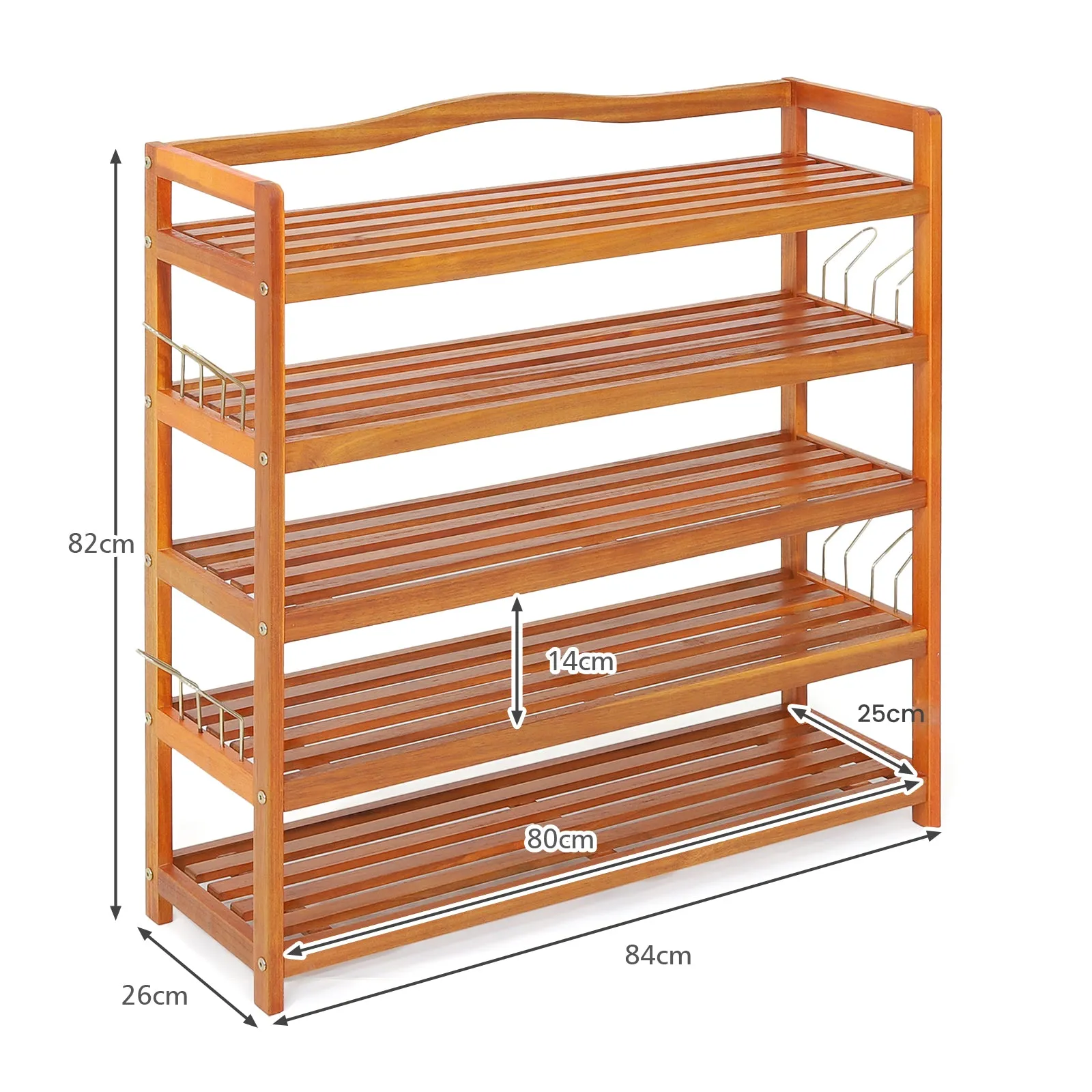 Solid Acacia Wood Shoe Rack Shelf with Side Metal Hooks-5-Tier