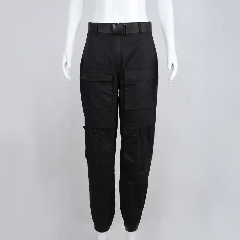 Solid Pocket Belt Up High Waist Zipper Overalls
