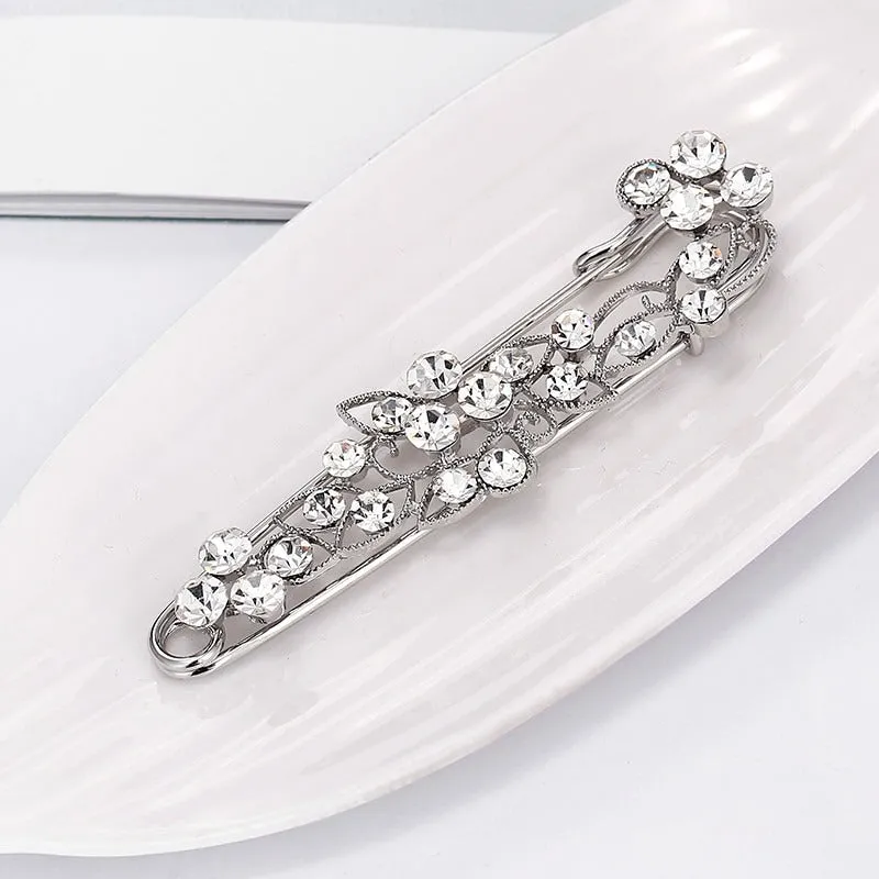 Sparkling Rhinestone Flower Leaf Safety Pin Styled Brooch Pins