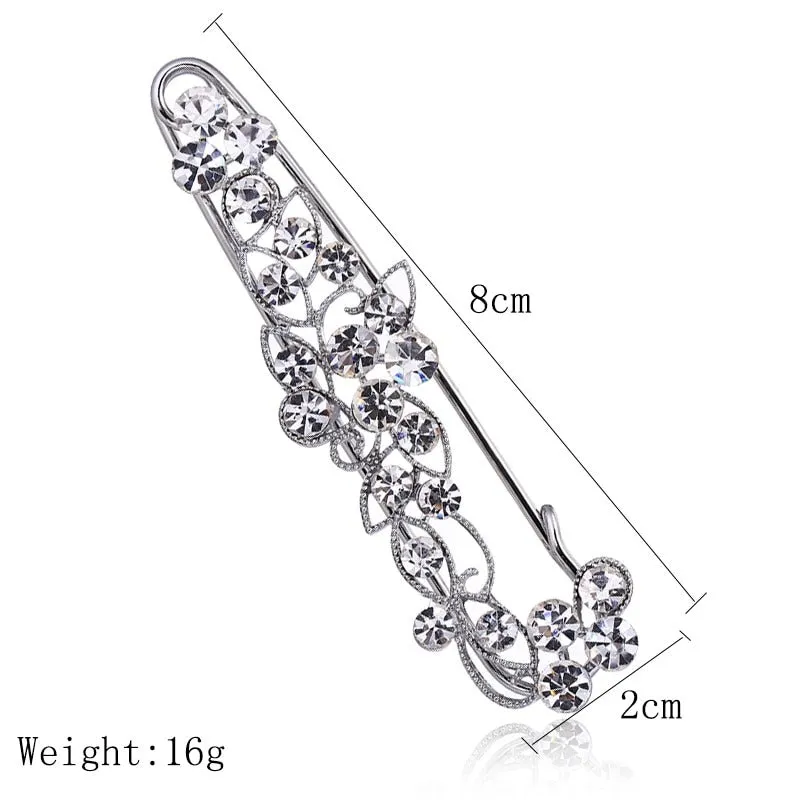 Sparkling Rhinestone Flower Leaf Safety Pin Styled Brooch Pins