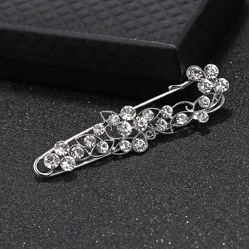 Sparkling Rhinestone Flower Leaf Safety Pin Styled Brooch Pins