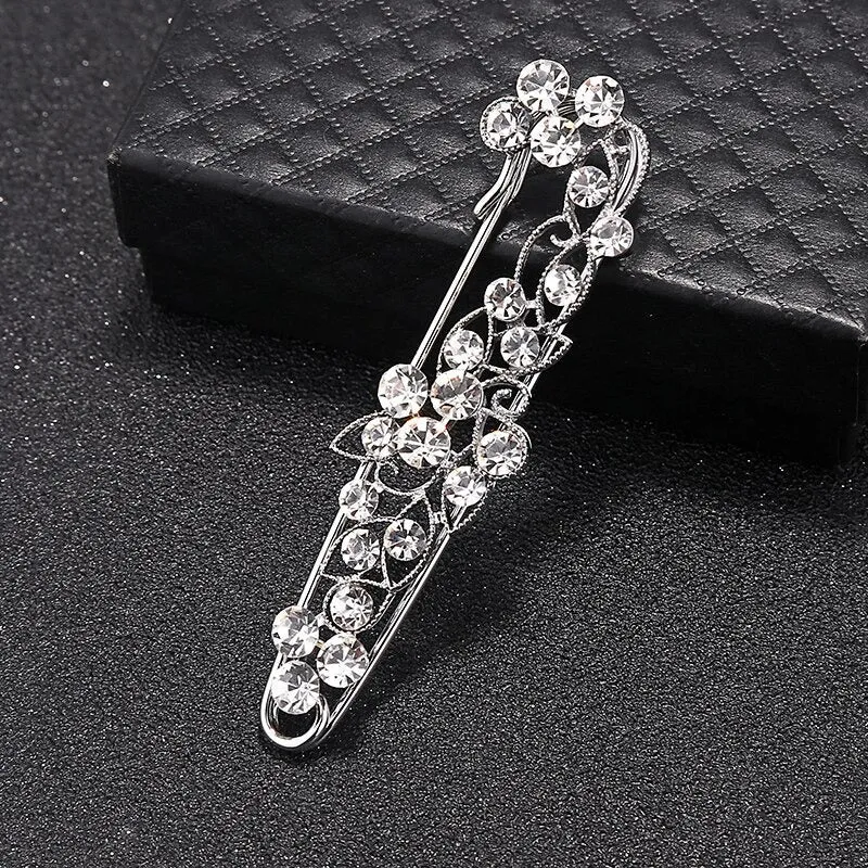 Sparkling Rhinestone Flower Leaf Safety Pin Styled Brooch Pins