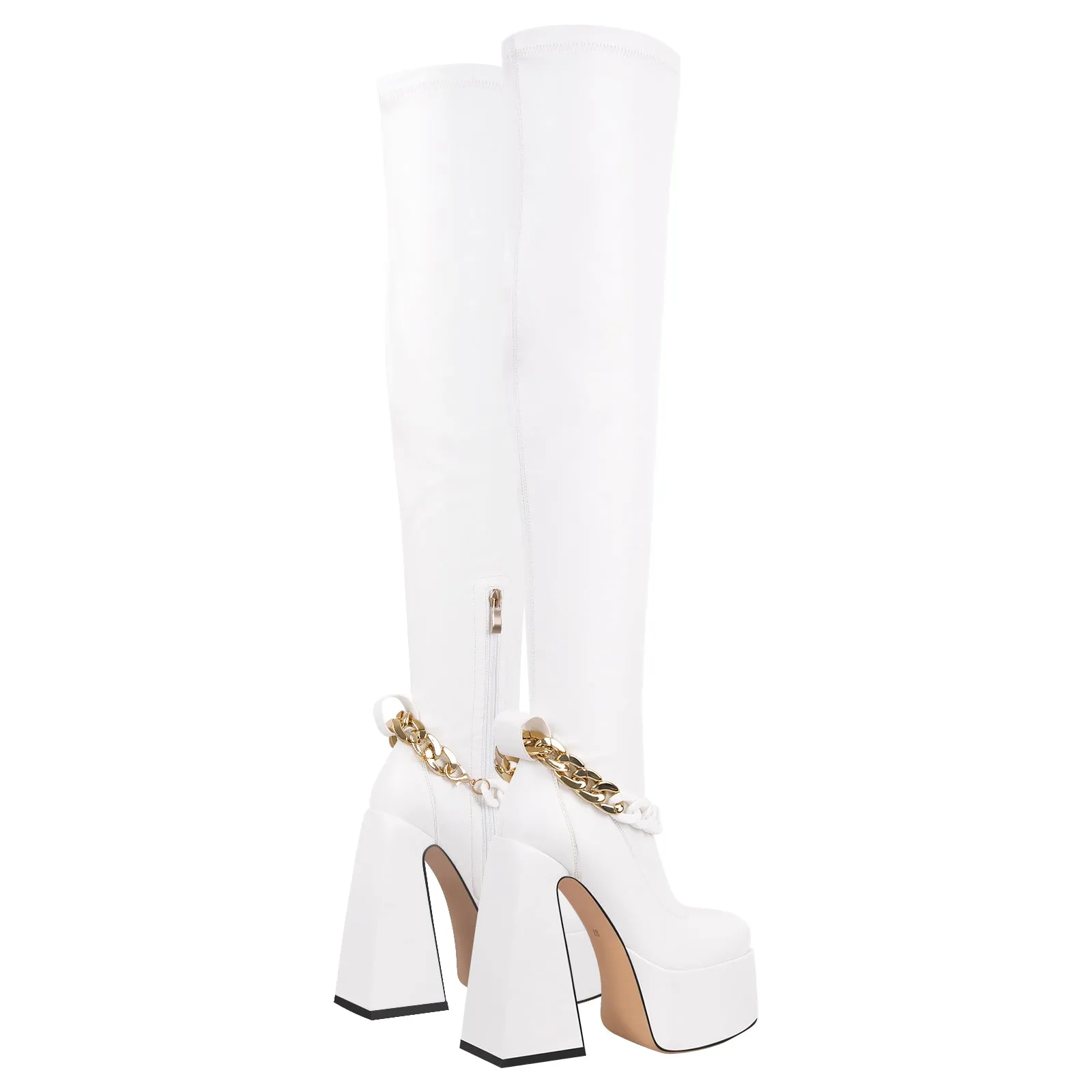 Square Toe Metal Chain Chunky Thigh Boots