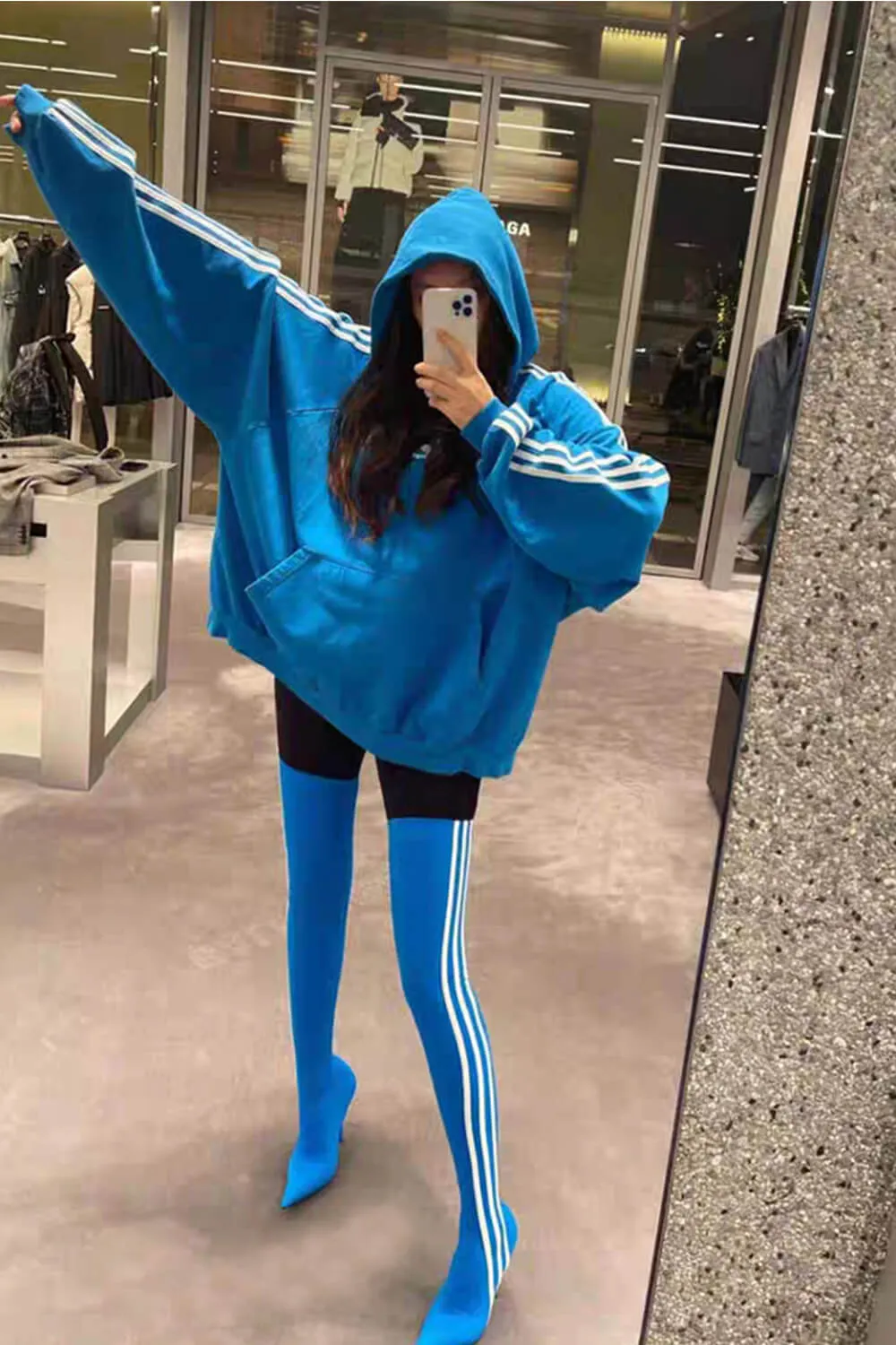 Striped Heeled Thigh High Sock Boots - Blue