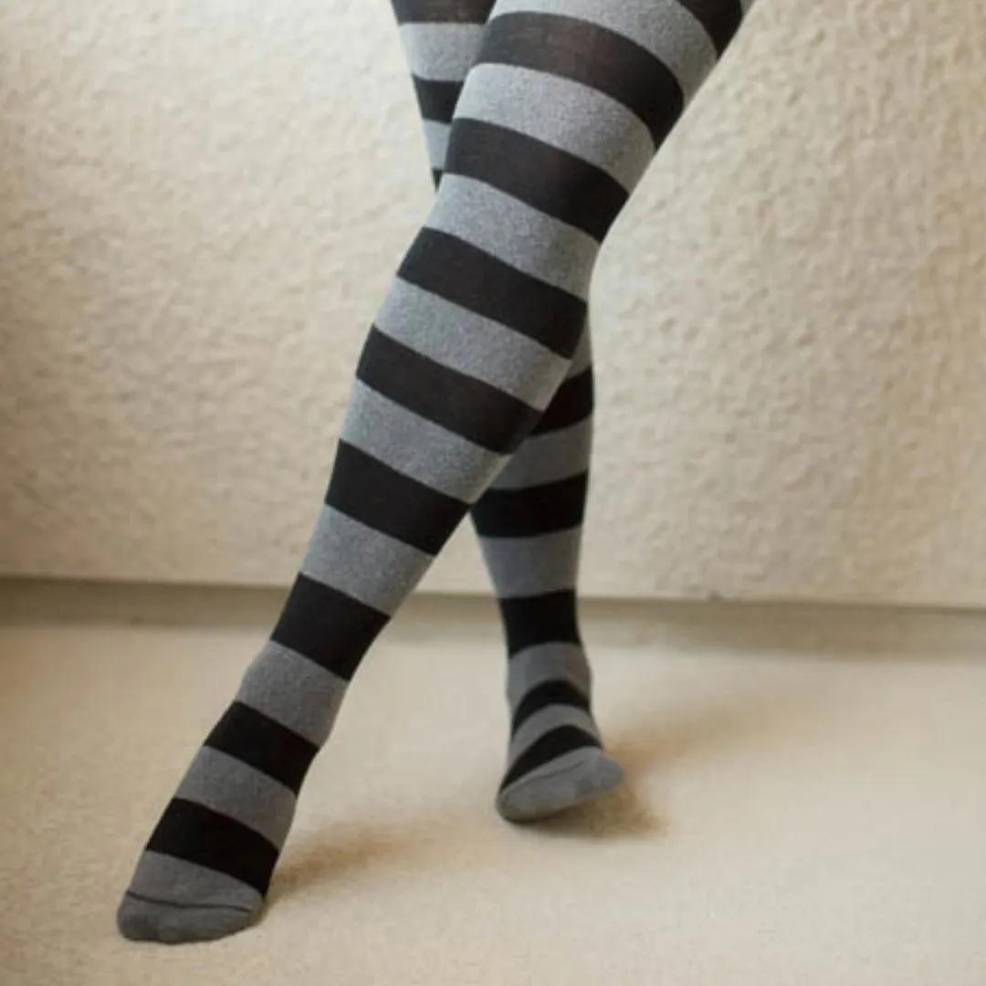 Striped Patterned Socks (Thigh High) Dark Gray and Black