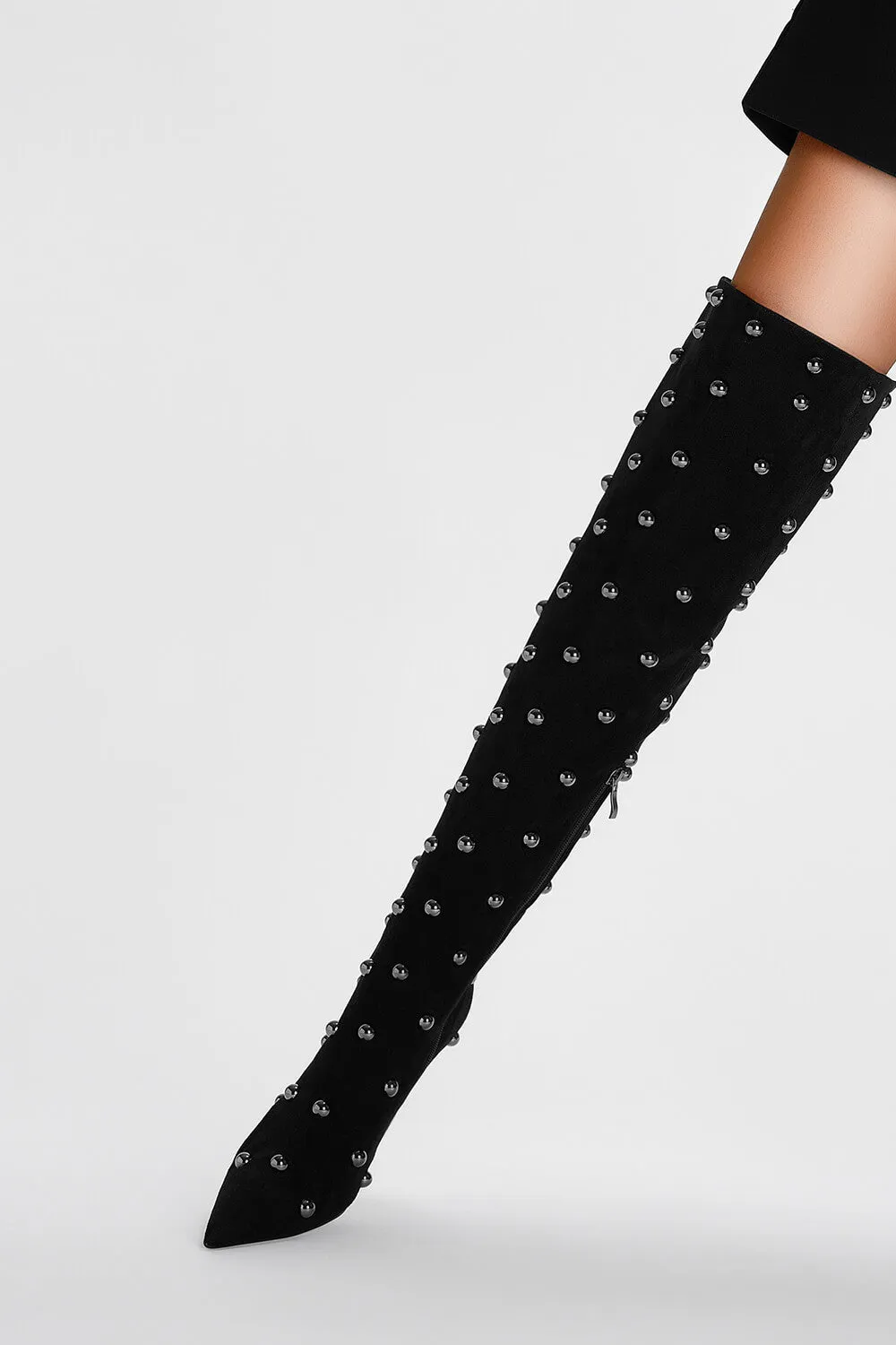 Studded Faux Suede Pointed Toe Thigh-High Boots