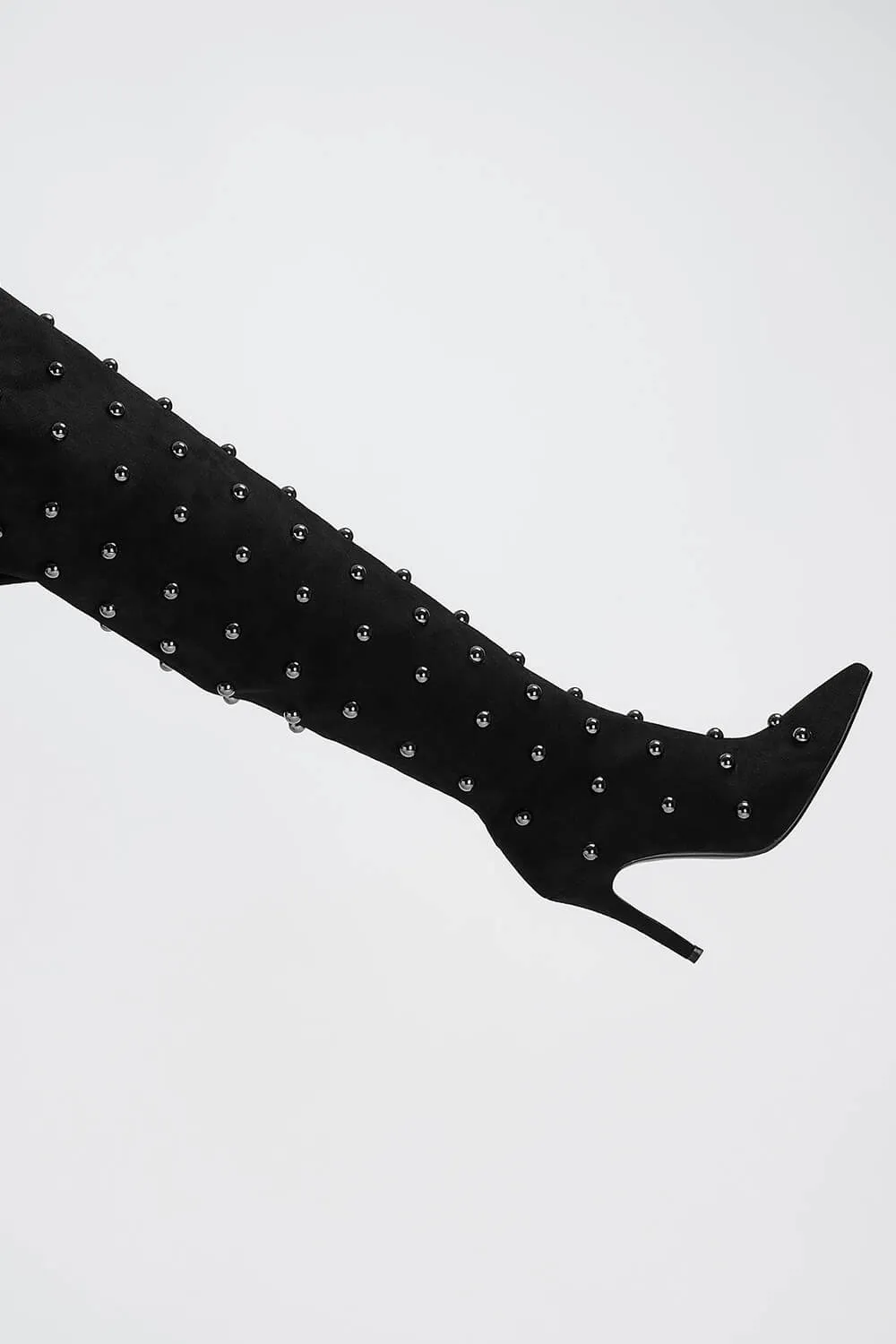 Studded Faux Suede Pointed Toe Thigh-High Boots
