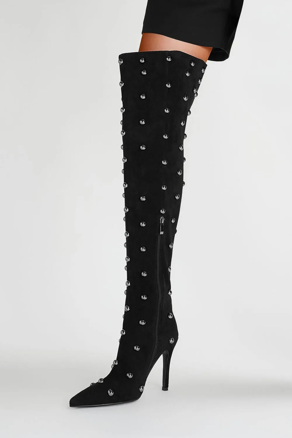 Studded Faux Suede Pointed Toe Thigh-High Boots