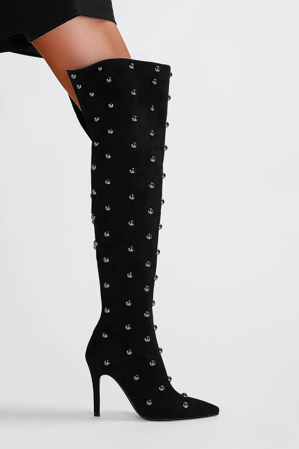 Studded Faux Suede Pointed Toe Thigh-High Boots