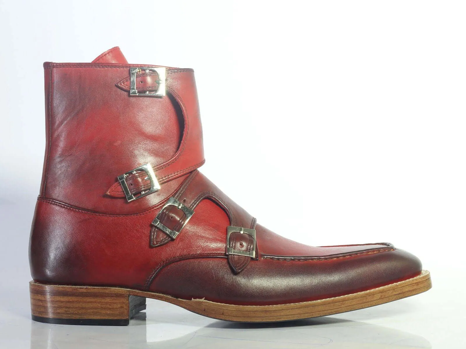 Stylish Men's Handmade Burgundy Leather Quad Buckle Boots, Men Ankle Boots, Men Designer Boots