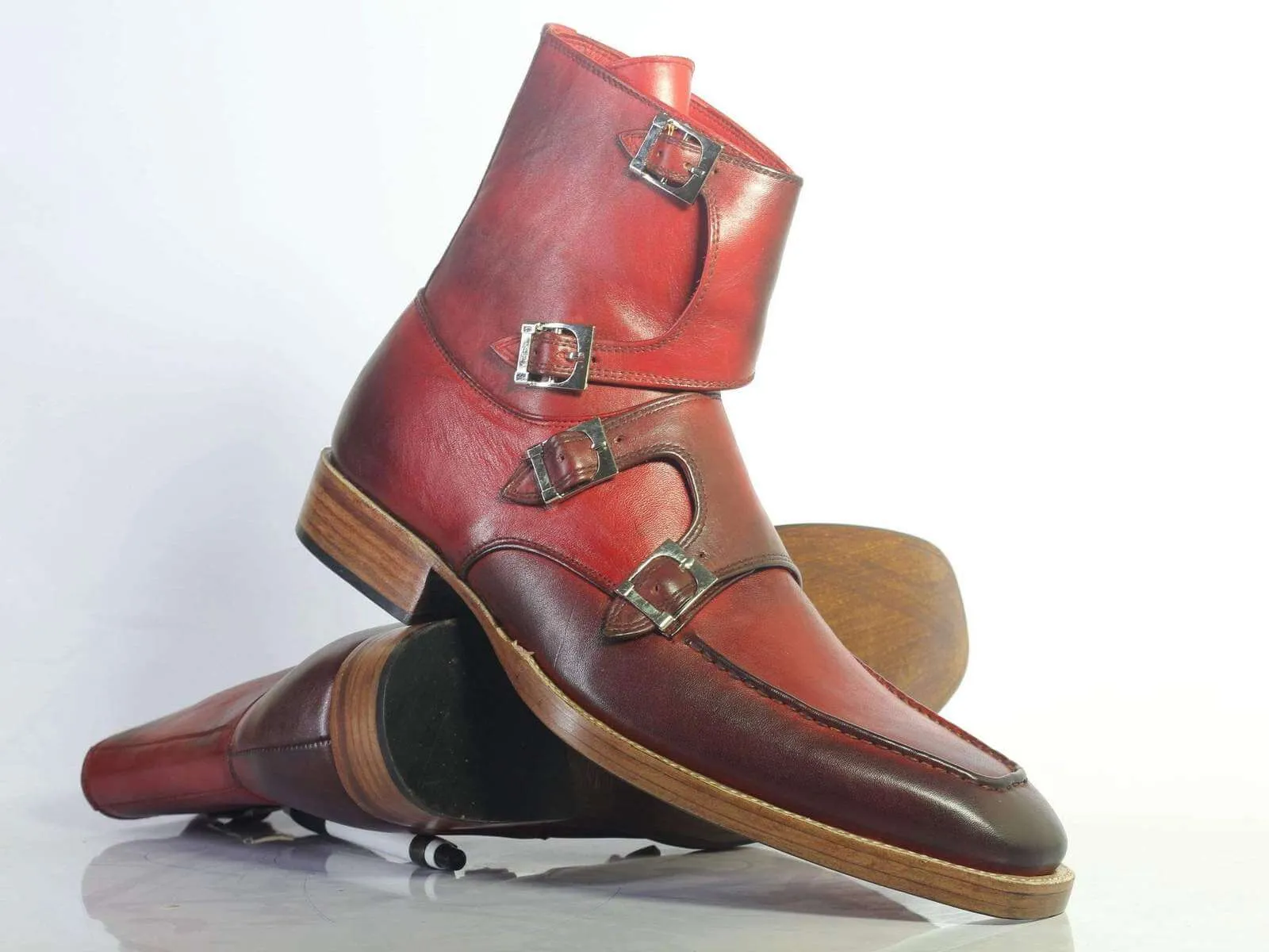 Stylish Men's Handmade Burgundy Leather Quad Buckle Boots, Men Ankle Boots, Men Designer Boots
