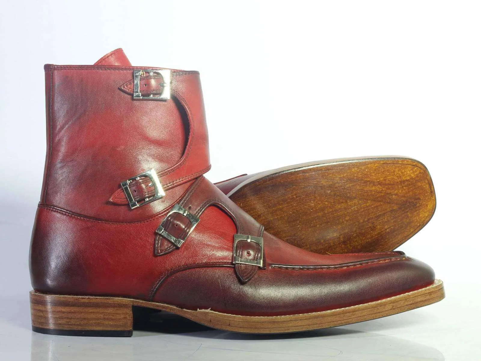 Stylish Men's Handmade Burgundy Leather Quad Buckle Boots, Men Ankle Boots, Men Designer Boots