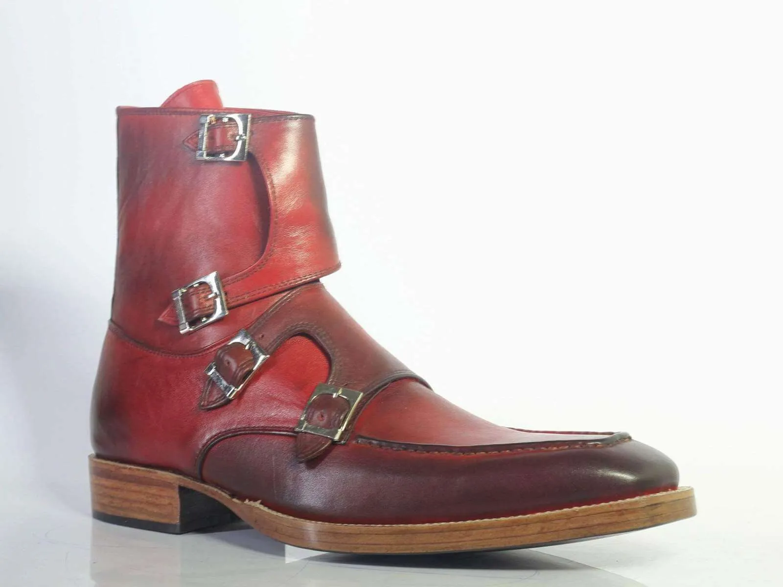 Stylish Men's Handmade Burgundy Leather Quad Buckle Boots, Men Ankle Boots, Men Designer Boots