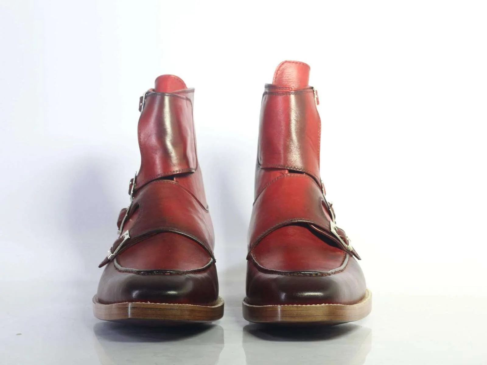Stylish Men's Handmade Burgundy Leather Quad Buckle Boots, Men Ankle Boots, Men Designer Boots
