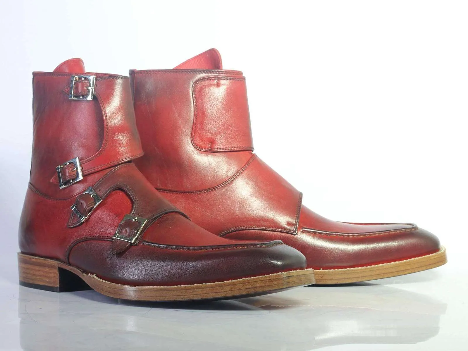 Stylish Men's Handmade Burgundy Leather Quad Buckle Boots, Men Ankle Boots, Men Designer Boots