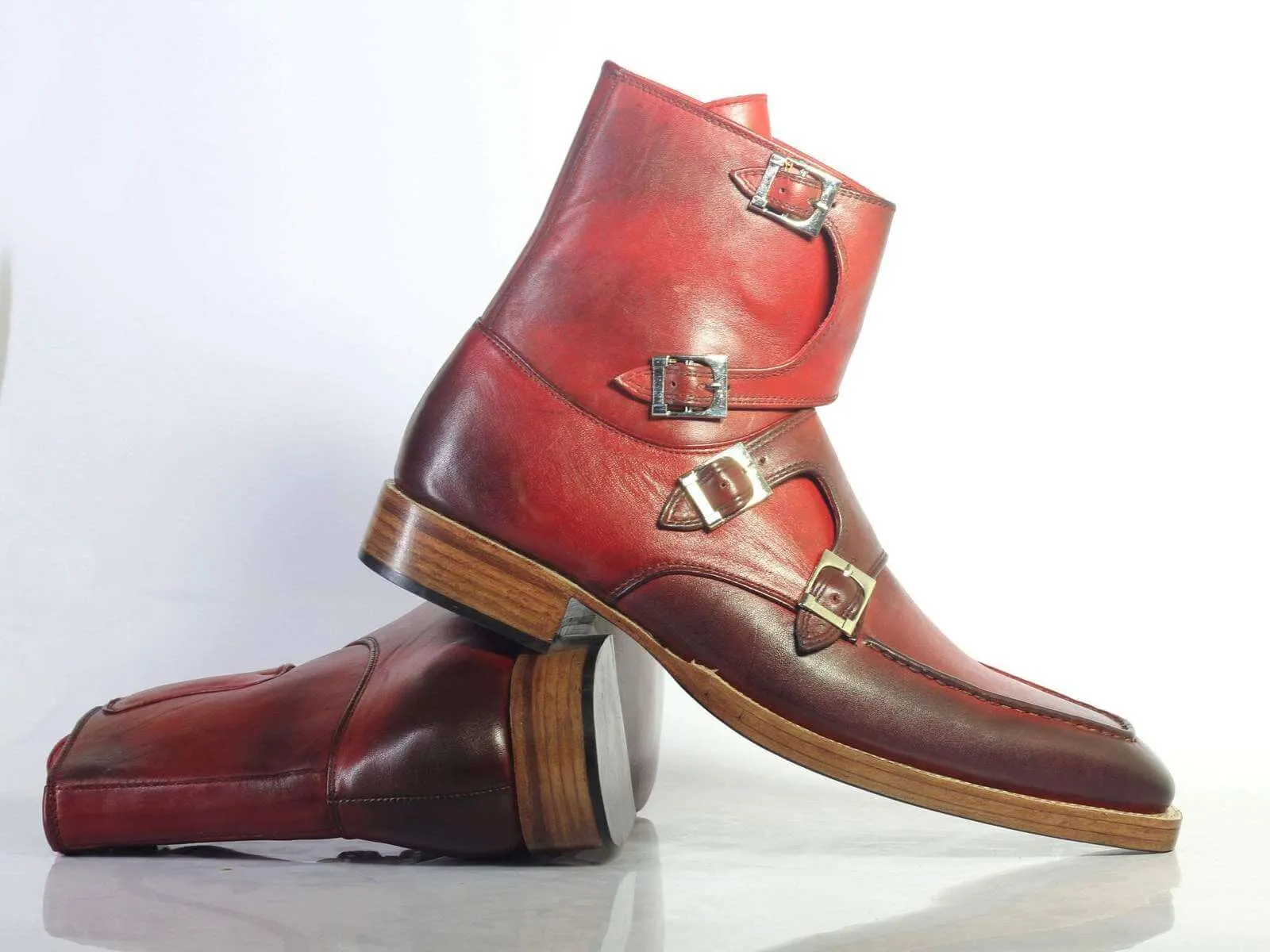 Stylish Men's Handmade Burgundy Leather Quad Buckle Boots, Men Ankle Boots, Men Designer Boots