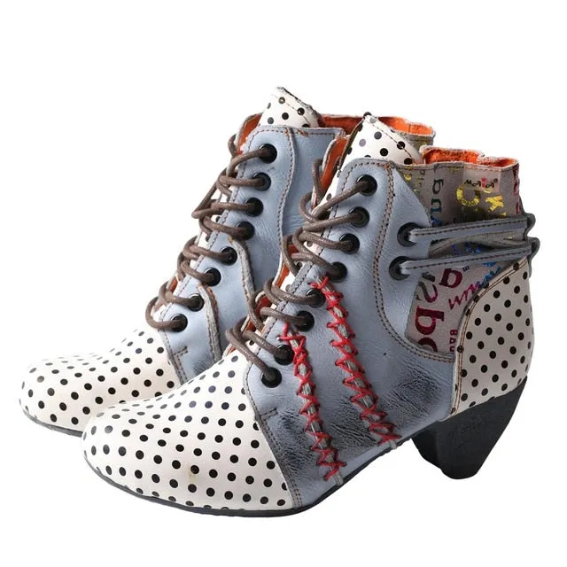 Women's High-Heeled Ankle Boots – Genuine Leather, Polka Dot Design, Fashionable & Stylish Boots for Ladies