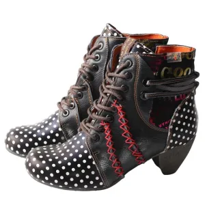 Women's High-Heeled Ankle Boots – Genuine Leather, Polka Dot Design, Fashionable & Stylish Boots for Ladies