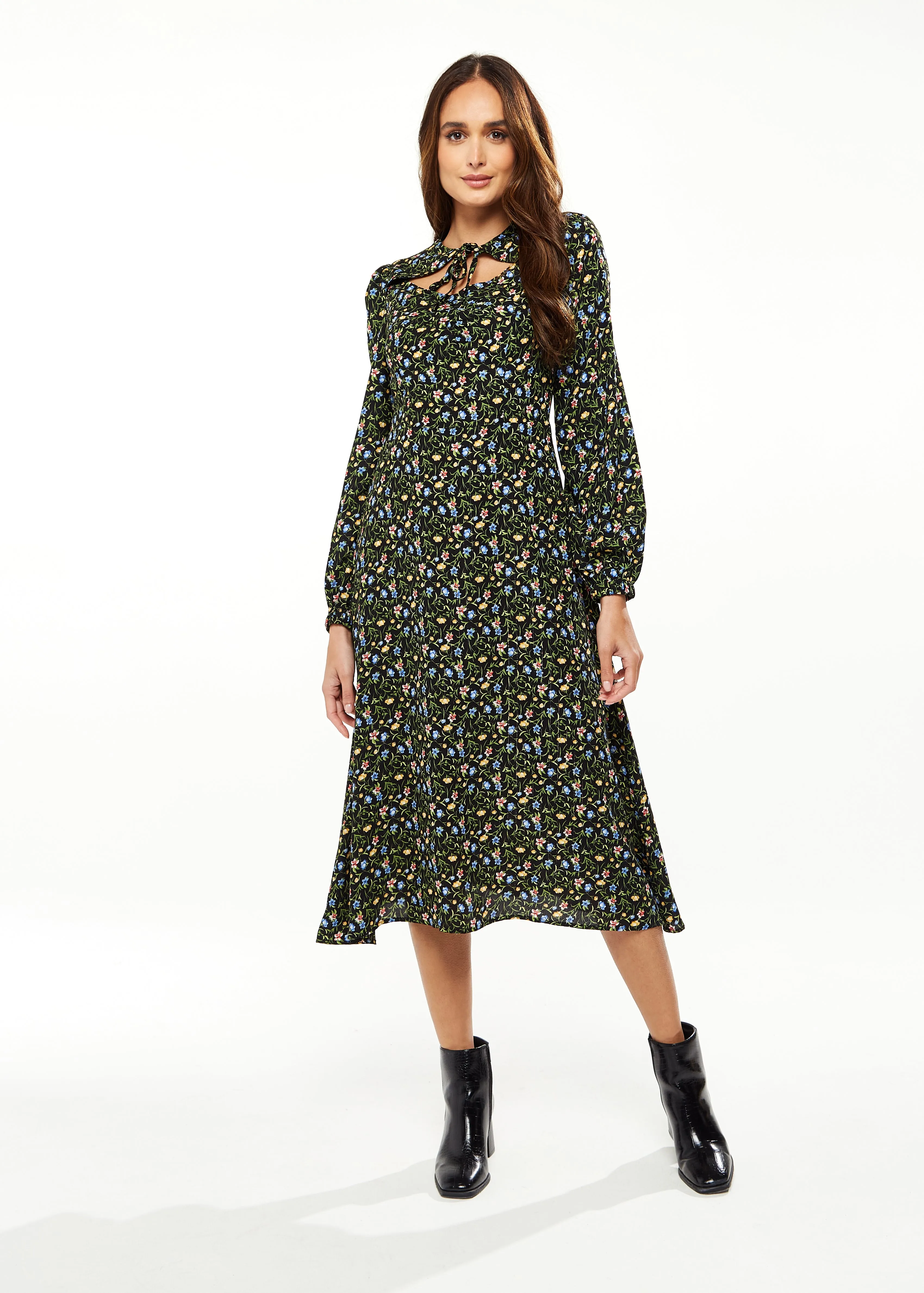 Women's Midi Dress in Green Floral with Long Puffy Sleeves and Neck Tie Detail - Liquorish