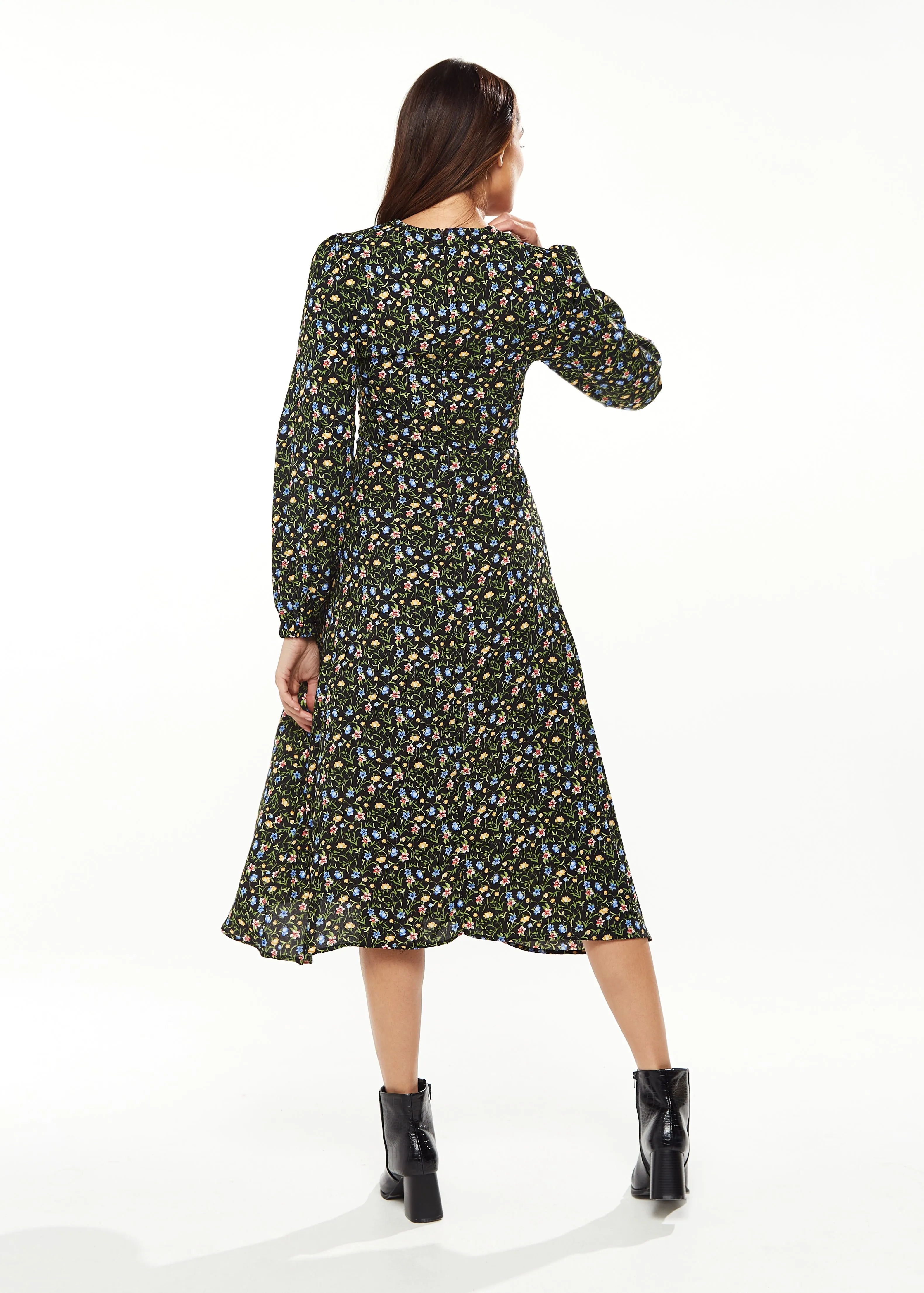 Women's Midi Dress in Green Floral with Long Puffy Sleeves and Neck Tie Detail - Liquorish