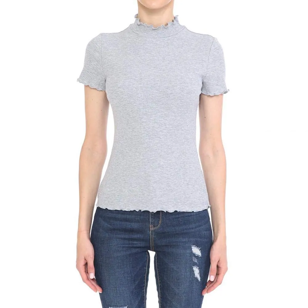 Women's Ribbed Lettuce Mock Neck Short Sleeve Top