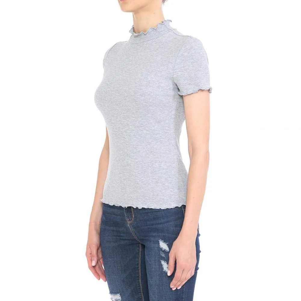 Women's Ribbed Lettuce Mock Neck Short Sleeve Top
