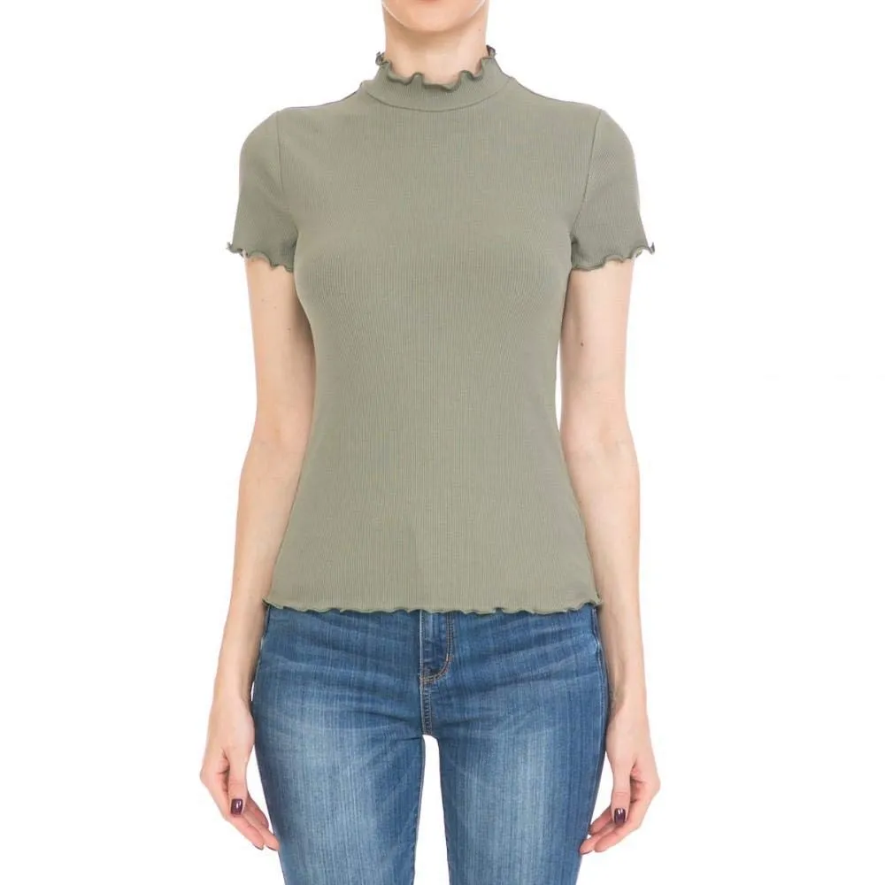 Women's Ribbed Lettuce Mock Neck Short Sleeve Top