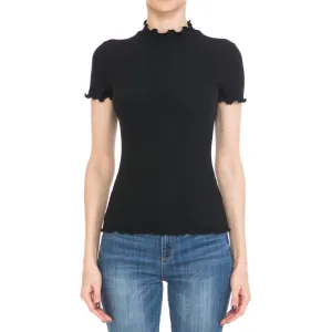 Women's Ribbed Lettuce Mock Neck Short Sleeve Top