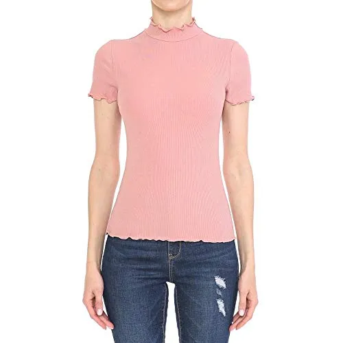 Women's Ribbed Lettuce Mock Neck Short Sleeve Top
